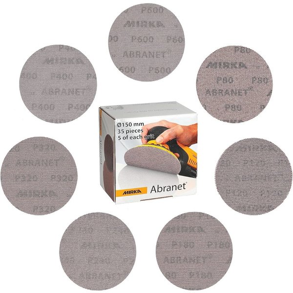 Mirka Schleifpapier Abranet Schleifscheiben (Mix Pack), (35 St), Ø150mm, Schleifen von Holz, Spachtel, Lack, Kunststoff
