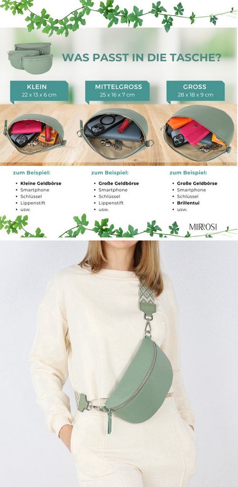 MIRROSI Bauchtasche Damen, Echtleder, Leder, Made in Italy, Umhängetasche, Brusttasche, (Schultertasche für jeden Anlass (1 Tasche & 1 Gurt), 3 Größen auswählba – Bild 3 von 3