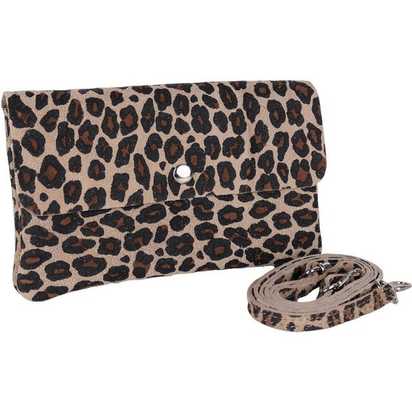 MIRROSI Clutch Damen, Crossbody Bag, Echtleder made in Italy ca.20x12x2cm (Leopard Leo Muster und Unifarbe), Umhängetasche, Schultertasche für jeden Anlass