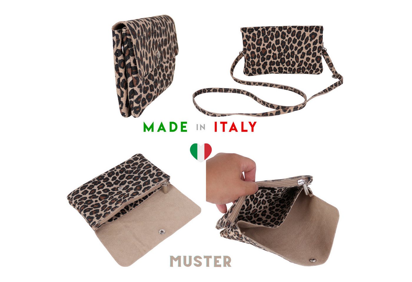 MIRROSI Clutch Damen, Crossbody Bag, Echtleder made in Italy ca.20x12x2cm (Leopard Leo Muster und Unifarbe), Umhängetasche, Schultertasche für jeden Anlass – Bild 3 von 4