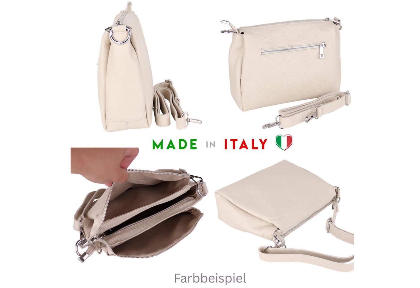 MIRROSI Umhängetasche Damen, Crossbody Bag, Echtleder Made in Italy (1 Tasche 2 Gurte oder Basic Version 1 Tasche 1 Gurt), 26x20x9cm (BXHXT) – Bild 3 von 3