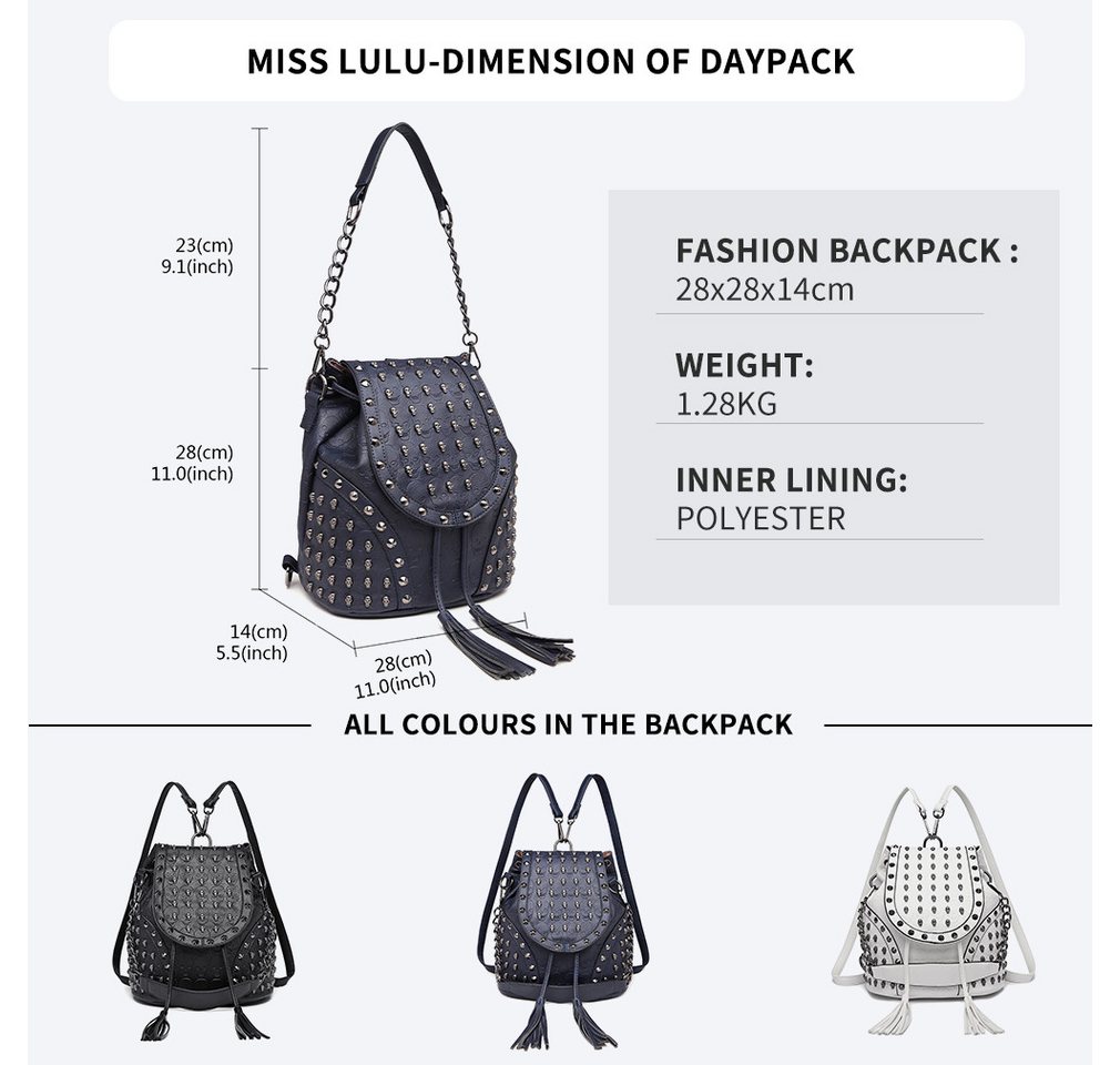 Miss Lulu Rucksack Mode Rucksack, Handtaschen für Frauen mit Ketten-Schultergurt & Nieten – Bild 2 von 5