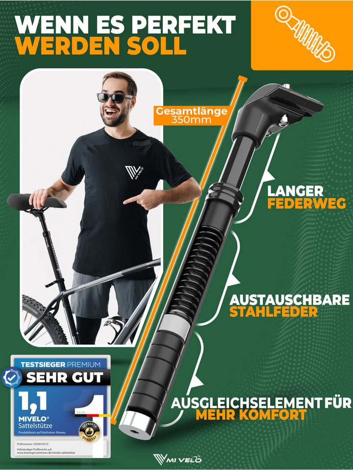 MIVELO Sattelstütze Sattelstütze gefedert mit 27,2 / 30,9 / 31,6 mm Durchmesser, Federsattelstütze – Bild 4 von 5