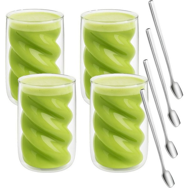 mixed24 Gläser-Set 4er Set Doppelwandige Gläser 230ml Spiralform, Thermogläser inkl. Löffel ideal für Latte Macchiato, Matcha, Tee