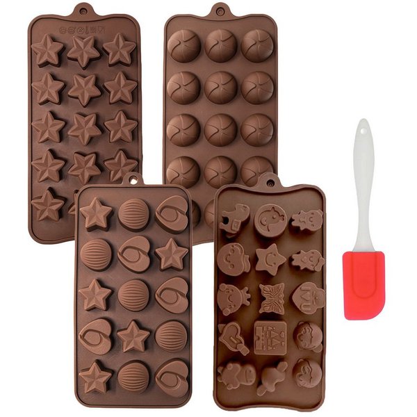 mixed24 Pralinenform 5er Silikon Backformen Pralinenformen inkl. Teigschaber, (Set 5-tlg), Eiswürfelformen Gummibärchen Schokoladenformen Silikonformen