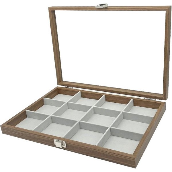 Schmuckkasten Holz Schmucklade 12 Fächer für Schmuck Ringe Ohrringe Halsketten Armbänder Schmuckkoffer Schmuckkasten Schmuckbox Aufbewahrung Schmuckdisplay Deck