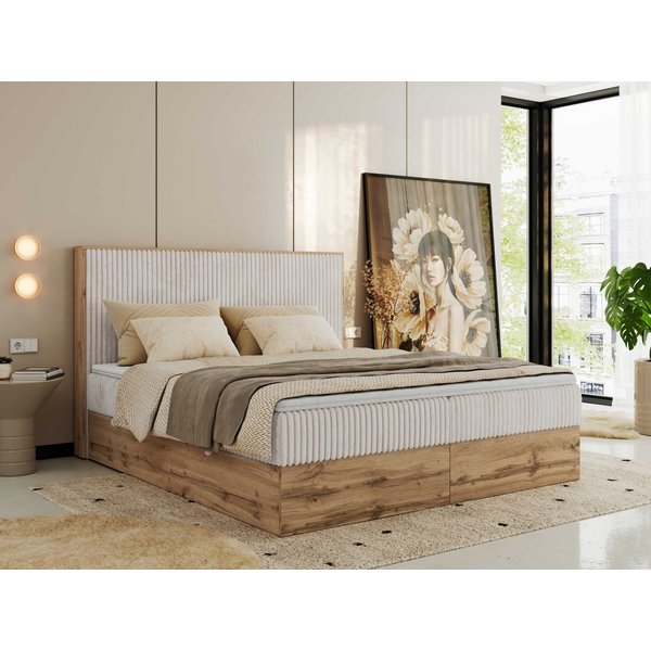 MKS MÖBEL Boxbett WOOD CLASSIC (Boxspringbett, Packung, Set, Topper T25/Visco, hohe Kopfteil, Multipocket-Matratze), Doppelbett, Stauraum, Möbelplattenelementen