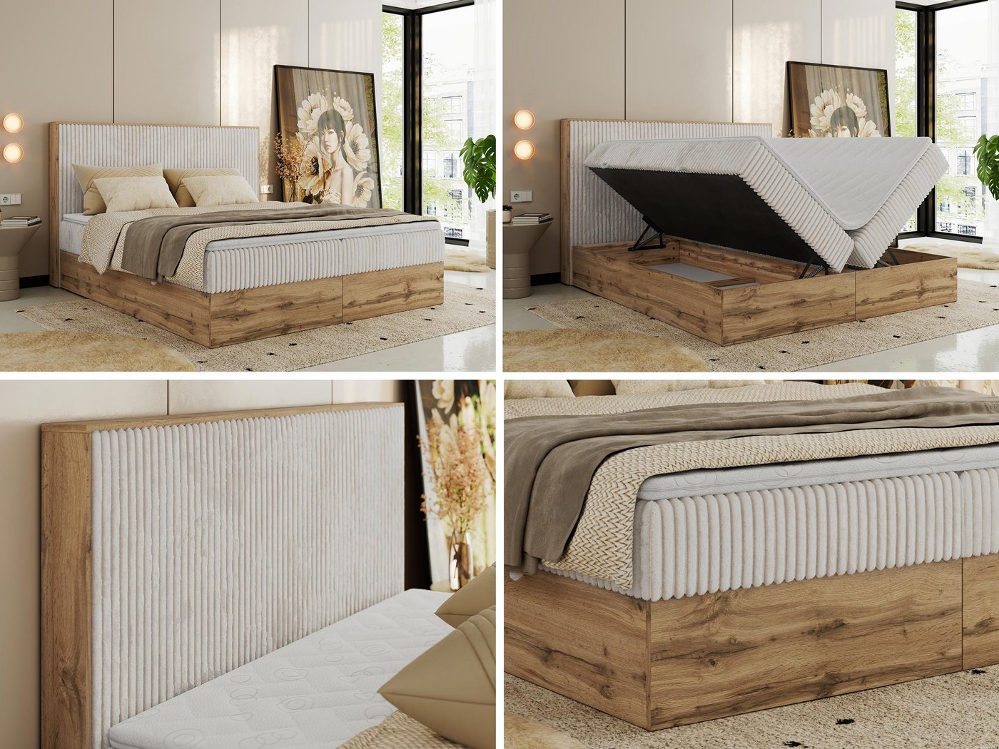 MKS MÖBEL Boxbett WOOD CLASSIC (Boxspringbett, Packung, Set, Topper T25/Visco, hohe Kopfteil, Multipocket-Matratze), Doppelbett, Stauraum, Möbelplattenelementen – Bild 3 von 5