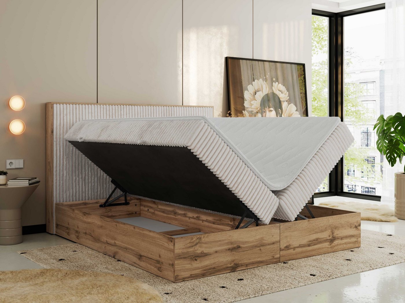 MKS MÖBEL Boxbett WOOD CLASSIC (Boxspringbett, Packung, Set, Topper T25/Visco, hohe Kopfteil, Multipocket-Matratze), Doppelbett, Stauraum, Möbelplattenelementen – Bild 4 von 5