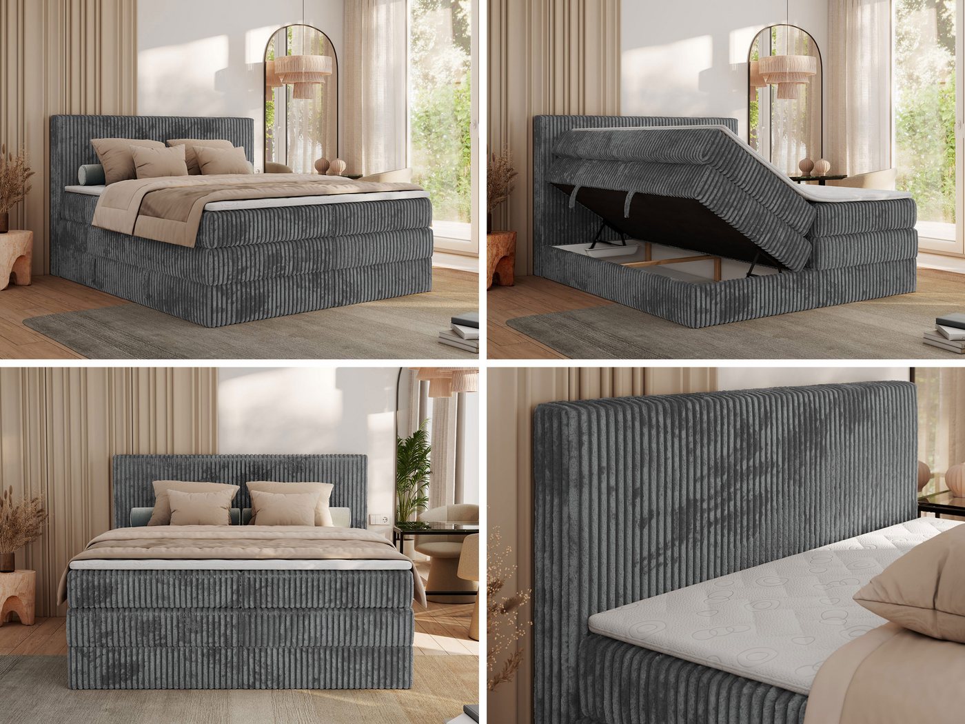 MKS MÖBEL Boxspringbett TILIANO KING (Packung, Set, Topper T25, Doppelbett, T30-Schaum), Polsterbett mit Multipocket-Matratzen, Cord Bett, Zwei Bettkästen – Bild 3 von 5