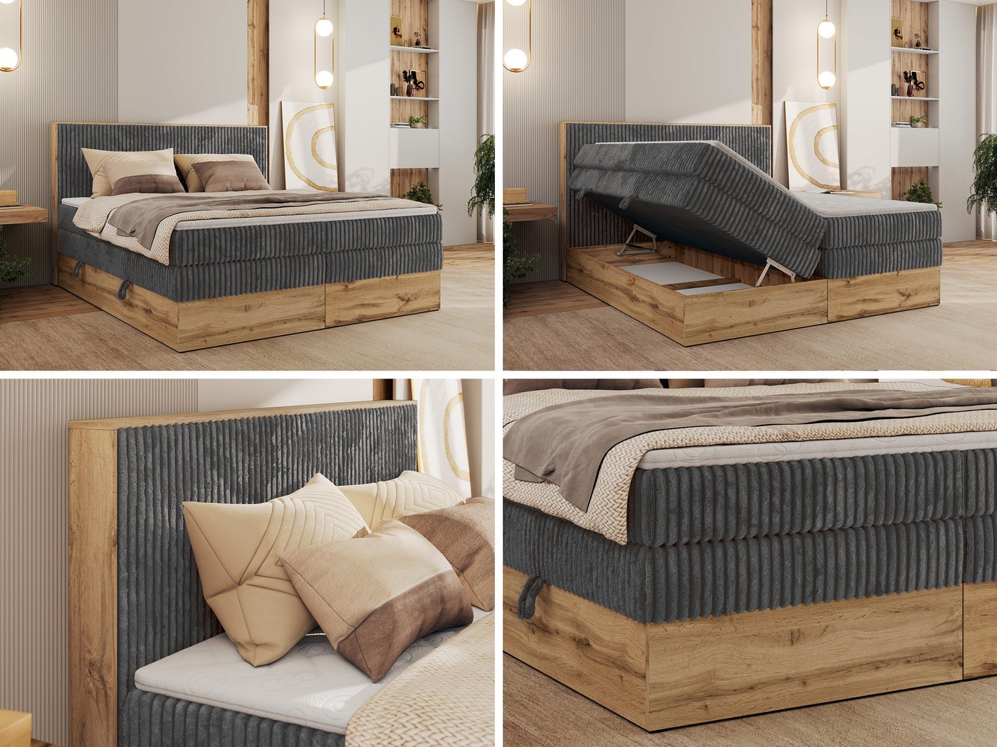 MKS MÖBEL Boxspringbett WOOD CLASSIC KING (Packung, Set, Topper T25/Visco, hohe Kopfteil, Multipocket-Matratze), Polsterbett, zwei Bettkästen, Möbelplatteneleme – Bild 3 von 5