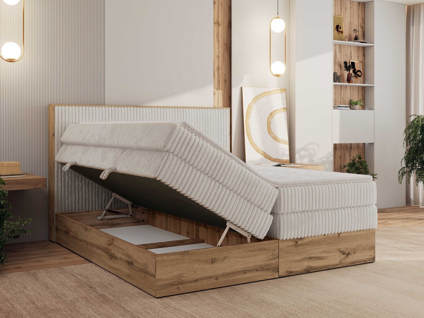 MKS MÖBEL Boxspringbett WOOD CLASSIC KING (Packung, Set, Topper T25/Visco, hohe Kopfteil, Multipocket-Matratze), Polsterbett, zwei Bettkästen, Möbelplatteneleme – Bild 4 von 5