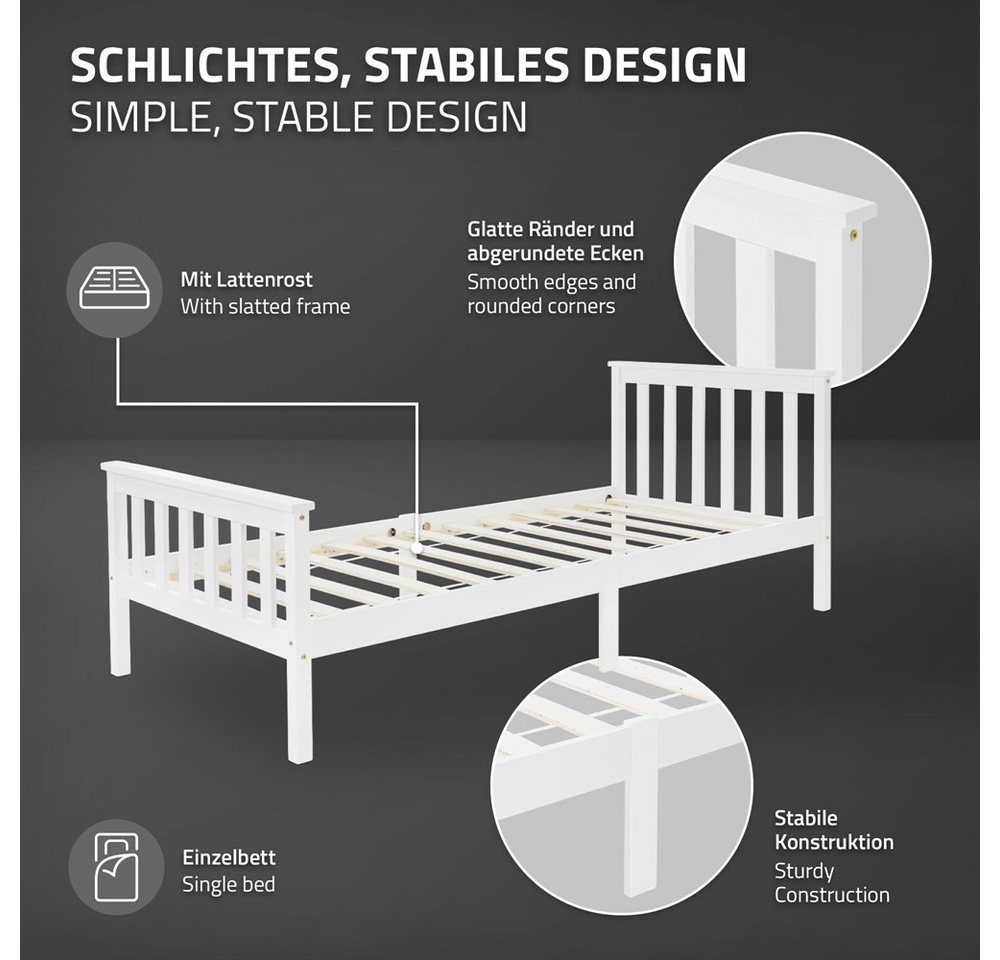 ML-DESIGN Bettgestell Holz Tagesbett, Jugend Einzelbett mit Kopf- & Fußteil, Holzbettgestell, Kinderbett, Bettrahmen Massivholz Bett Jugendbett Kiefer Weiß – Bild 3 von 5