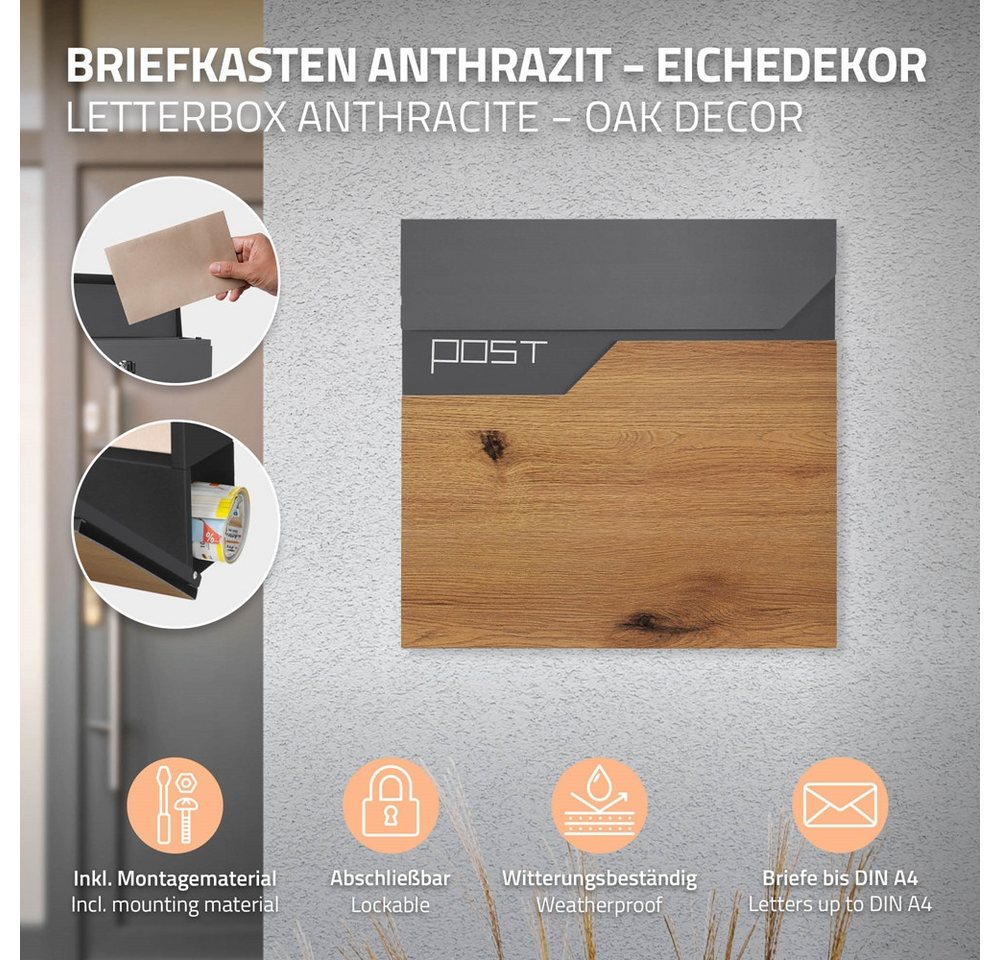 ML-DESIGN Briefkasten Postkasten mit Zeitungsfach, abschließbar 2 Schlüssel, Wandmontage, Mailbox Wandbriefkasten mit Zeitungsrolle für Wandmontage – Bild 2 von 5