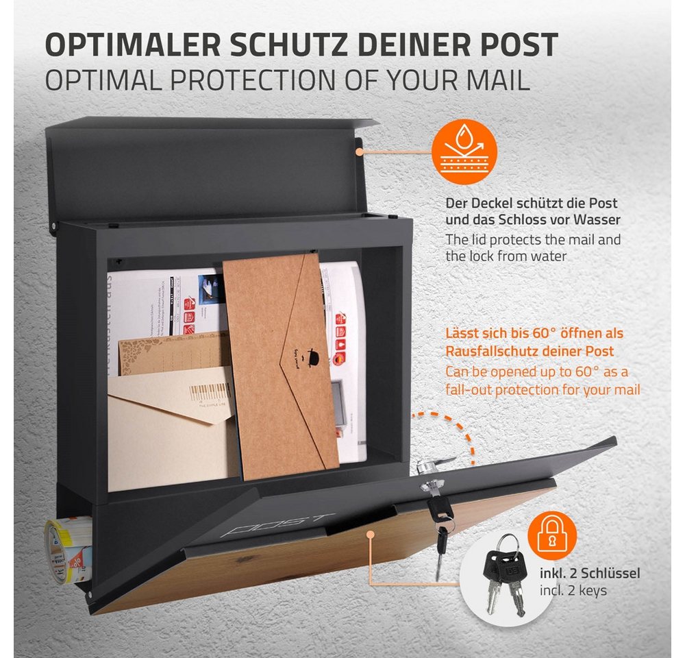 ML-DESIGN Briefkasten Postkasten mit Zeitungsfach, abschließbar 2 Schlüssel, Wandmontage, Mailbox Wandbriefkasten mit Zeitungsrolle für Wandmontage – Bild 3 von 5