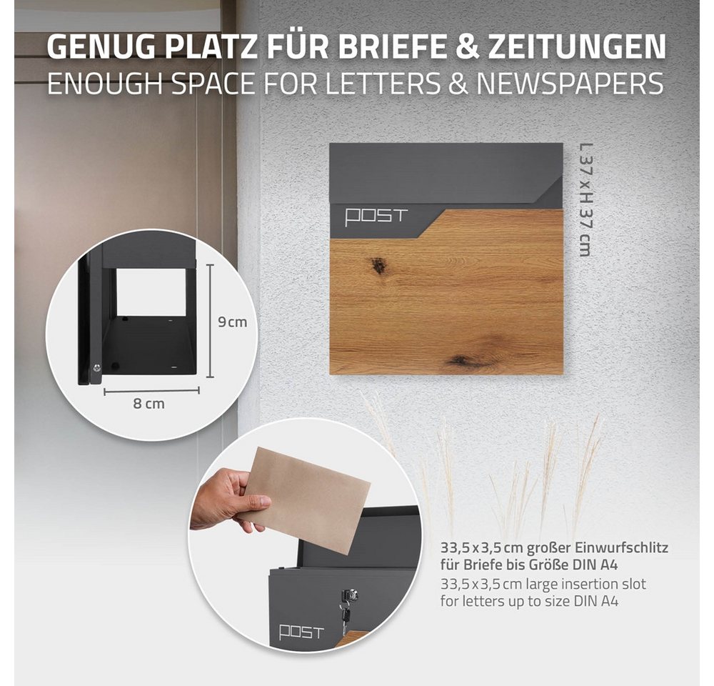 ML-DESIGN Briefkasten Postkasten mit Zeitungsfach, abschließbar 2 Schlüssel, Wandmontage, Mailbox Wandbriefkasten mit Zeitungsrolle für Wandmontage – Bild 4 von 5