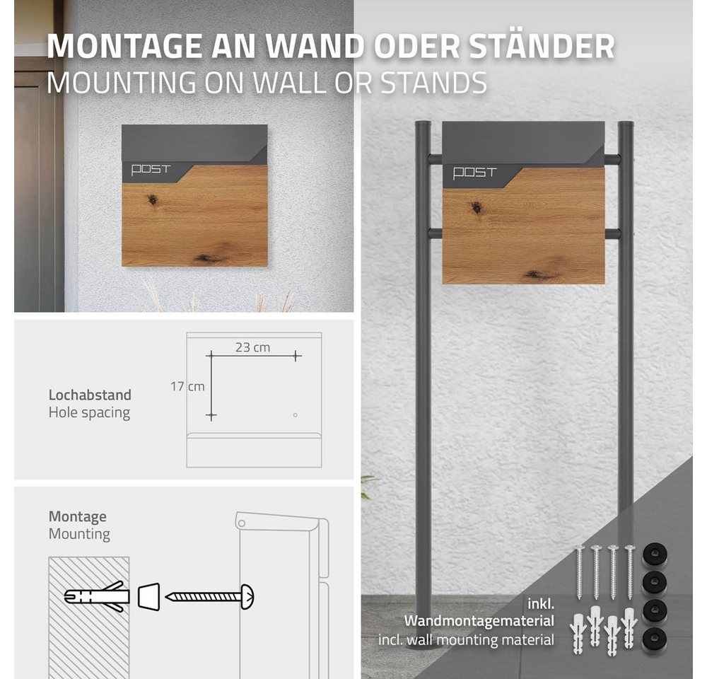 ML-DESIGN Briefkasten Postkasten mit Zeitungsfach, abschließbar 2 Schlüssel, Wandmontage, Mailbox Wandbriefkasten mit Zeitungsrolle für Wandmontage – Bild 5 von 5