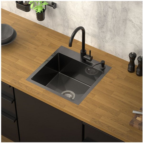 ML-DESIGN Küchenspüle Spülbecken aus Edelstahl, mit Ab- und Überlaufgarnitur & Siphon, 45/45 cm, Anthrazit Einzelbecken Waschbecken Küche Spüle Edelstahlspüle