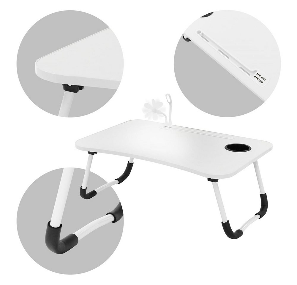 ML-DESIGN Laptoptisch Betttisch klappbar mit 4 USB Ladeanschluss für Bett/Sofa (1-St), Notebook Tisch Weiß mit Getränkehalter und USB-Lampe 60x40x25cm – Bild 3 von 5