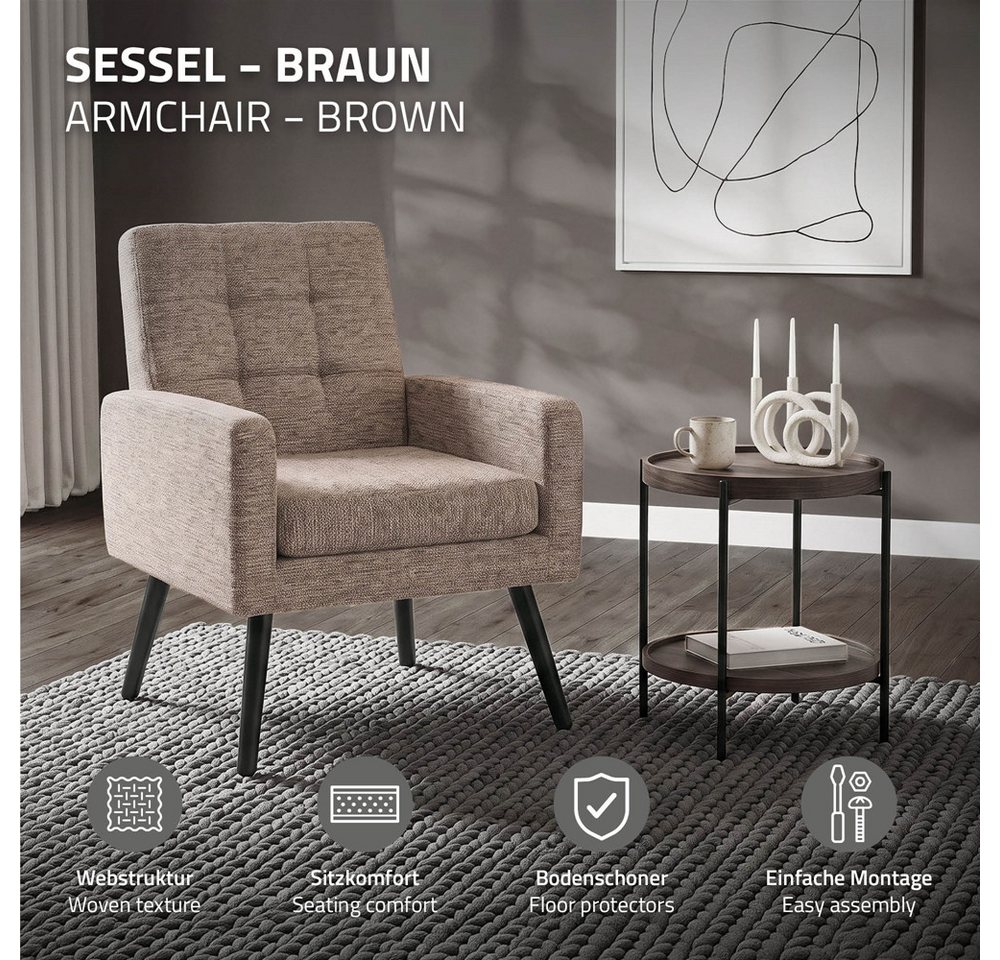 ML-DESIGN Loungesessel Sessel Wohnzimmer, Relaxsessel mit Armlehnen, Fernsehsessel Lesesessel, Polstersessel bis 150 kg, Stahlbeinen, 66,5 x 80 x 63,5 cm, Braun – Bild 2 von 5