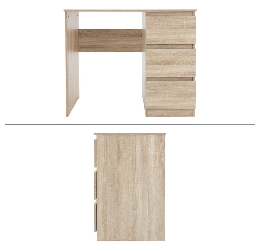 ML-DESIGN Schreibtisch Bürotisch mit 3 Schubladen Computertisch Arbeitstisch Laptoptisch, Homeoffice Büromöbel PC Tisch Sonoma-Eiche 90x76x50 cm mit Stauraum – Bild 2 von 4