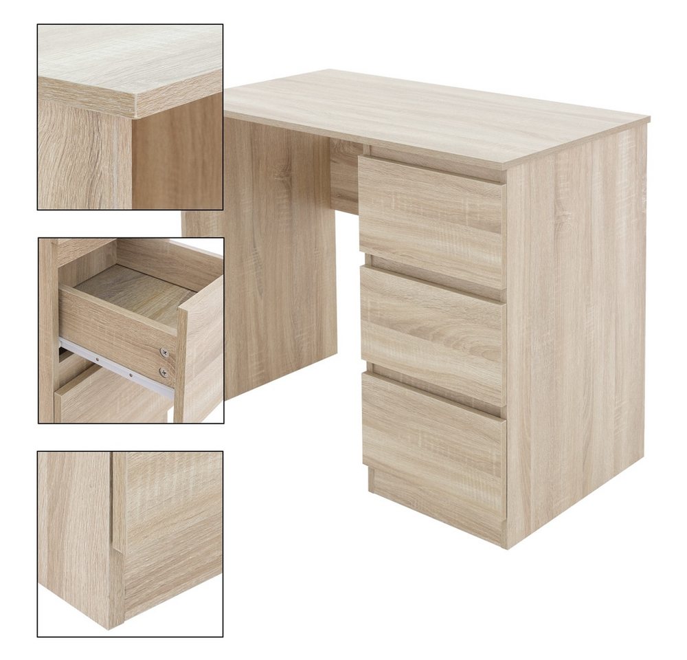 ML-DESIGN Schreibtisch Bürotisch mit 3 Schubladen Computertisch Arbeitstisch Laptoptisch, Homeoffice Büromöbel PC Tisch Sonoma-Eiche 90x76x50 cm mit Stauraum – Bild 3 von 4