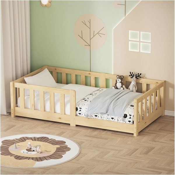 ML-DESIGN Spielbett Bodenbett Holzbett mit Lattenrost & Rausfallschutz Jugendbett Babybett, Abenteuerbett 70x140cm Natur Kinderbett Bettgestell ohne Matratze