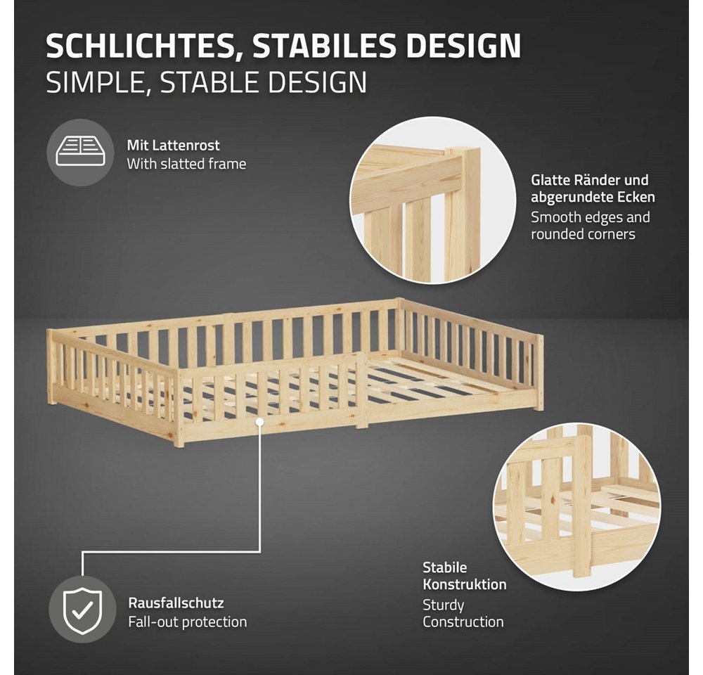 ML-DESIGN Spielbett Bodenbett Holzbett mit Lattenrost & Rausfallschutz Jugendbett Babybett, Abenteuerbett 140x200cm Natur Kinderbett Bettgestell ohne Matratze – Bild 3 von 5