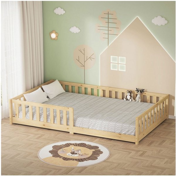 ML-DESIGN Spielbett Bodenbett Holzbett mit Lattenrost & Rausfallschutz Jugendbett Babybett, Abenteuerbett 120x200cm Natur Kinderbett Bettgestell ohne Matratze