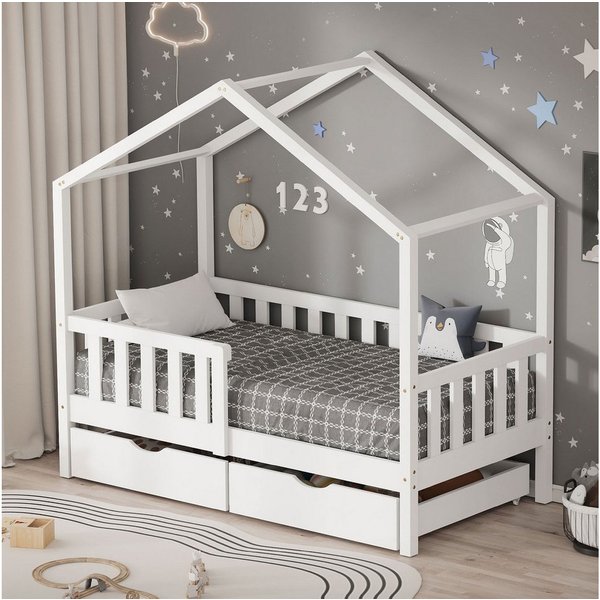 ML-DESIGN Spielbett Hausbett Kinderbett inkl. 2 Schubladen, Lattenrost und Rausfallschutz, Abenteuerbett 70x140cm Haus Bett Himmelbett Kiefer Jugendbett Weiß