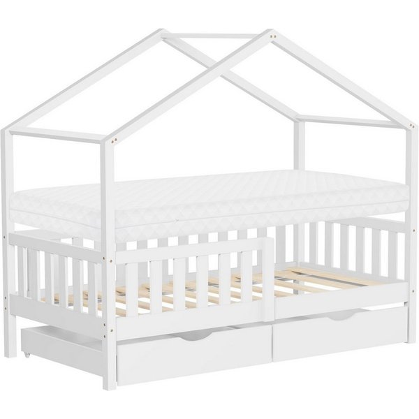 ML-DESIGN Spielbett Hausbett Kinderbett inkl. 2 Schubladen, Lattenrost und Rausfallschutz, Abenteuerbett 80x160cm mit Matratze Himmelbett Kiefer Jugendbett Weiß