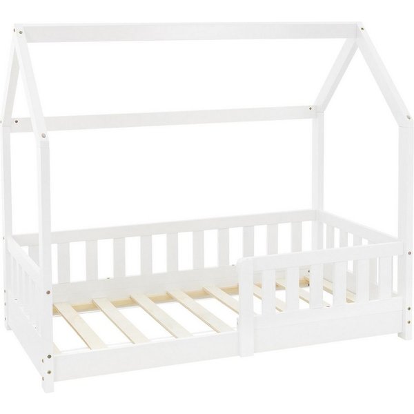 ML-DESIGN Spielbett Hausbett Kinderbett inkl. Lattenrost kreativ Bodenbett für Kinder, Abenteuerbett zum Spielen mit Rausfallschutz Kiefer Weiß Himmelbett