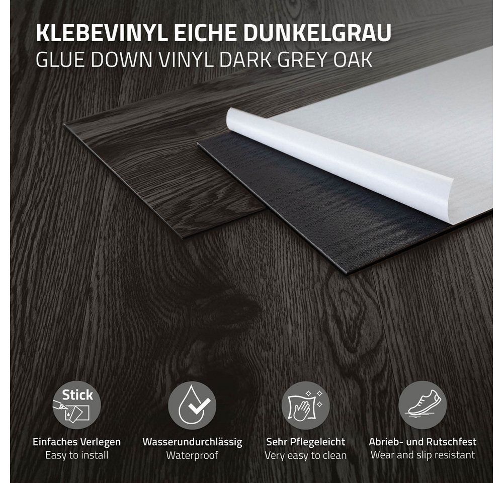 ML-DESIGN Vinylboden PVC Bodenbelag selbstklebend Klebefliesen Boden in Holzoptik 2mm Dicke, Bodenfliesen Klebevinyl wasserdicht 2,23m² / 16 Dielen Dunkelgrau – Bild 2 von 5