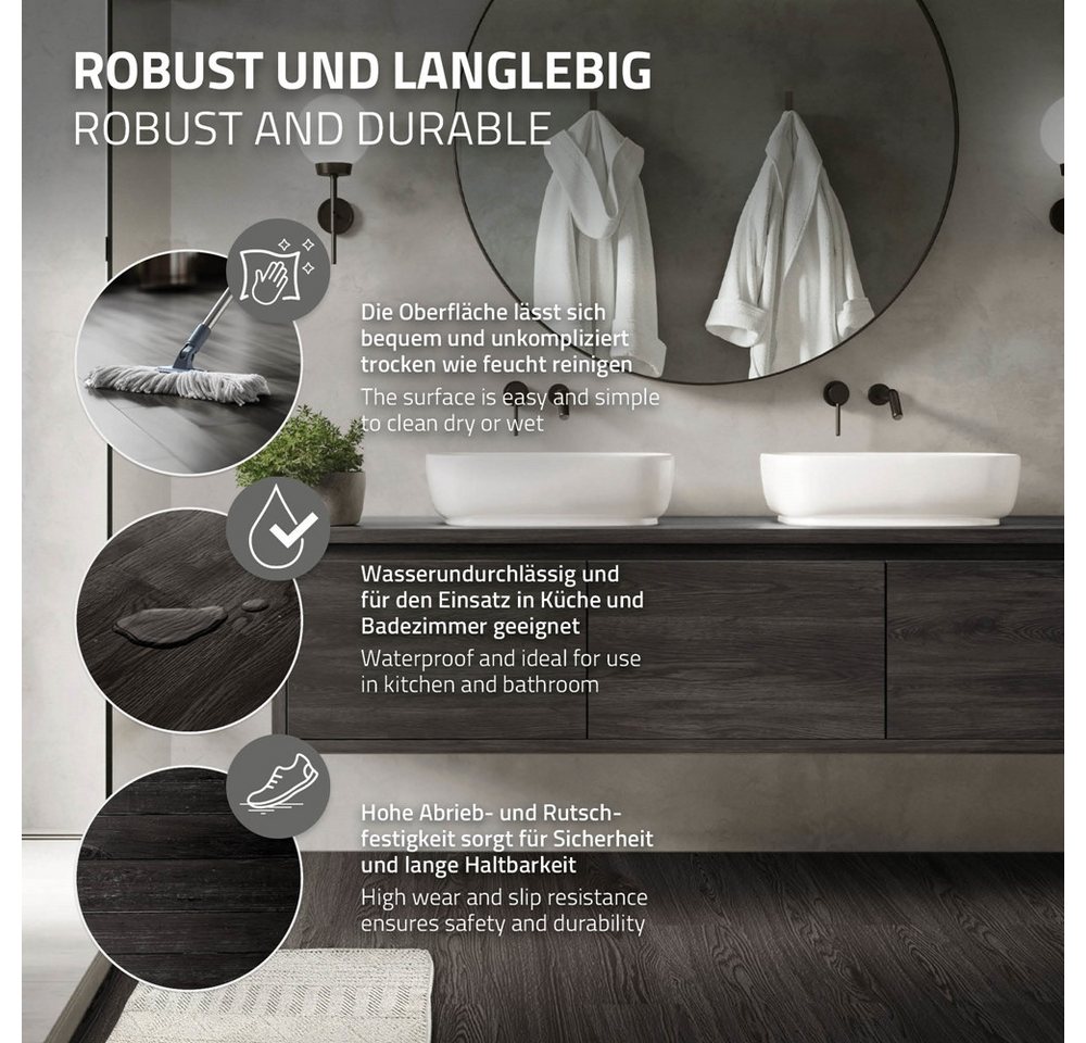 ML-DESIGN Vinylboden PVC Bodenbelag selbstklebend Klebefliesen Boden in Holzoptik 2mm Dicke, Bodenfliesen Klebevinyl wasserdicht 2,23m² / 16 Dielen Dunkelgrau – Bild 4 von 5
