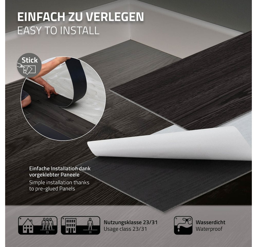 ML-DESIGN Vinylboden PVC Bodenbelag selbstklebend Klebefliesen Boden in Holzoptik 2mm Dicke, Bodenfliesen Klebevinyl wasserdicht 2,23m² / 16 Dielen Dunkelgrau – Bild 5 von 5