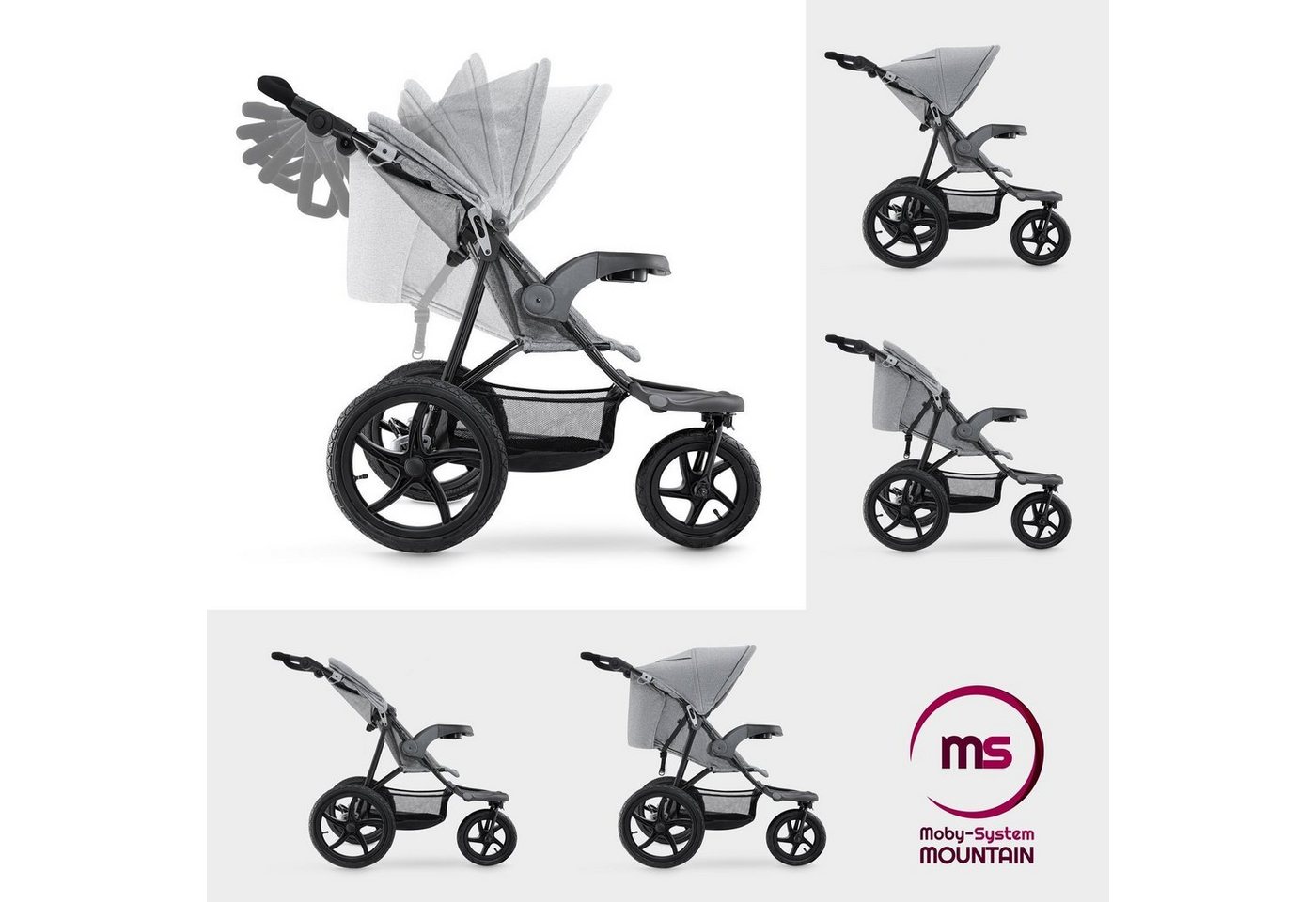 Moby-System Dreirad-Kinderwagen Jogging-Kinderwagen mit Luftreifen und Verdeck - Modell: MOUNTAIN, Large air-filled wheels: 16” (39 cm) rear, 12.5” (30 cm) fron – Bild 2 von 5