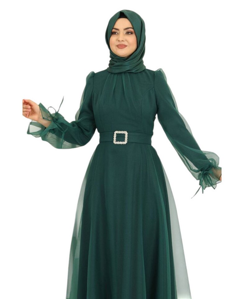 Modavitrini Abendkleid Damen Tüll Maxikleid Langarm – Festkleid mit Gürtel Modest Fashion Gürtel mit Schmucksteinen – Bild 2 von 5