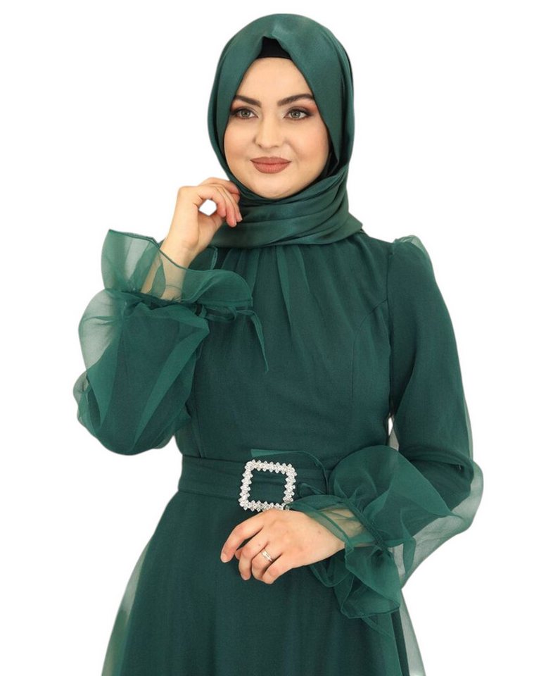 Modavitrini Abendkleid Damen Tüll Maxikleid Langarm – Festkleid mit Gürtel Modest Fashion Gürtel mit Schmucksteinen – Bild 4 von 5