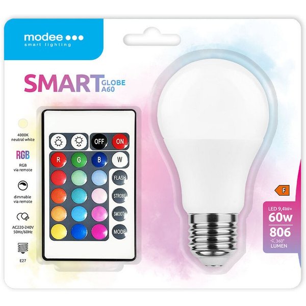 Modee Smart Lighting LED-Leuchtmittel E27 9,4W RGB+W LED Leuchtmittel Leuchte A60 Dimmbar mit Fernbedienung, E27-Fassung, 9,4W, RGB-W 806 lumen