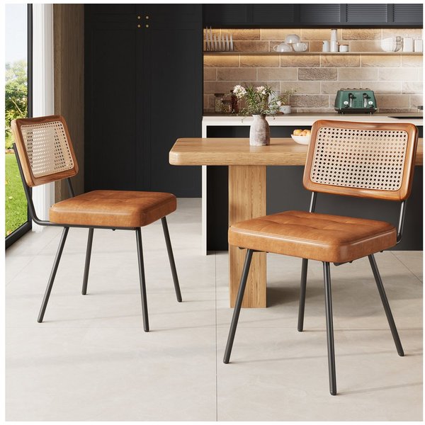 MODFU Esszimmerstuhl Retro-Stuhl,Rattan-Loungesessel (Esszimmerstuhl Set aus Kunstleder und Rattan – Ergonomisch, verstellbar und pflegeleicht., 2 St)