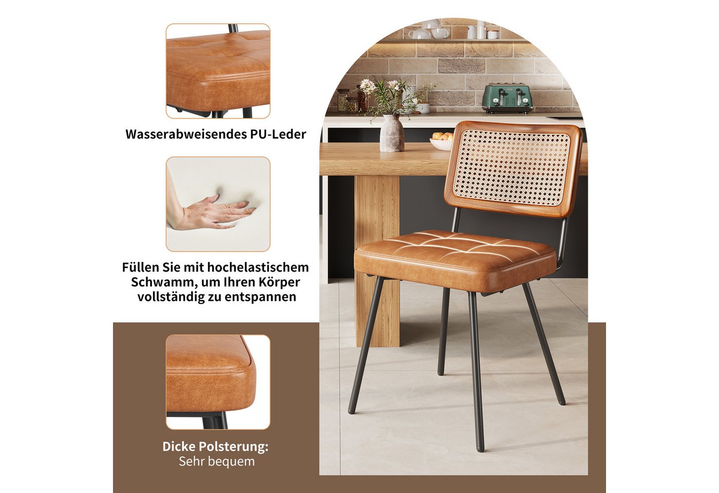MODFU Esszimmerstuhl Retro-Stuhl,Rattan-Loungesessel (Esszimmerstuhl Set aus Kunstleder und Rattan – Ergonomisch, verstellbar und pflegeleicht., 2 St) – Bild 3 von 5