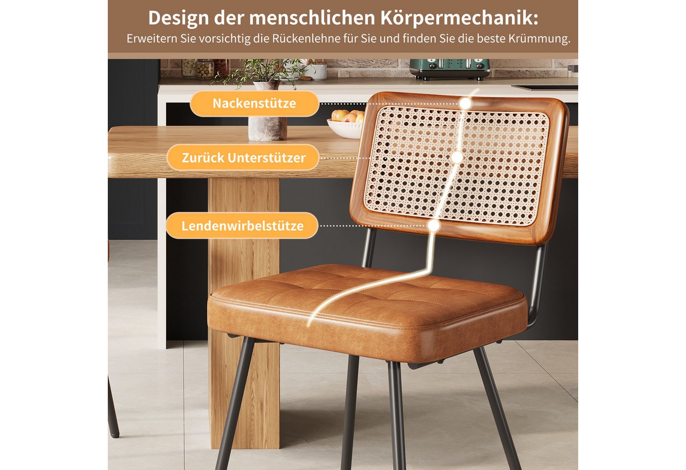 MODFU Esszimmerstuhl Retro-Stuhl,Rattan-Loungesessel (Esszimmerstuhl Set aus Kunstleder und Rattan – Ergonomisch, verstellbar und pflegeleicht., 2 St) – Bild 5 von 5
