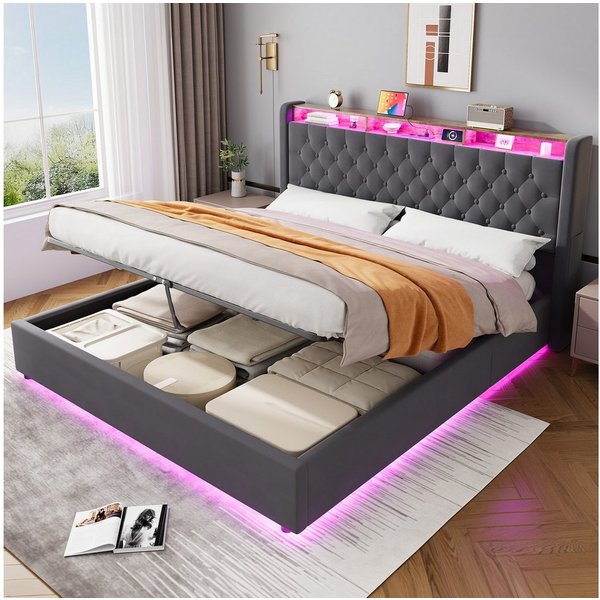 MODFU Polsterbett Mit Stauraum,LED-Beleuchtung und USB-Anschlüssen (Funktionsbett, 1-tlg., Stabiler Metallrahmen, inkl. Lattenrost, ohne Matratze), 180x200 cm, 