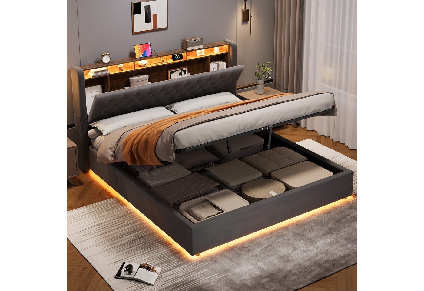 MODFU Polsterbett Mit Stauraum,LED-Beleuchtung und USB-Anschlüssen (Funktionsbett, 1-tlg., Stabiler Metallrahmen, inkl. Lattenrost, ohne Matratze), 180x200 cm,  – Bild 2 von 5