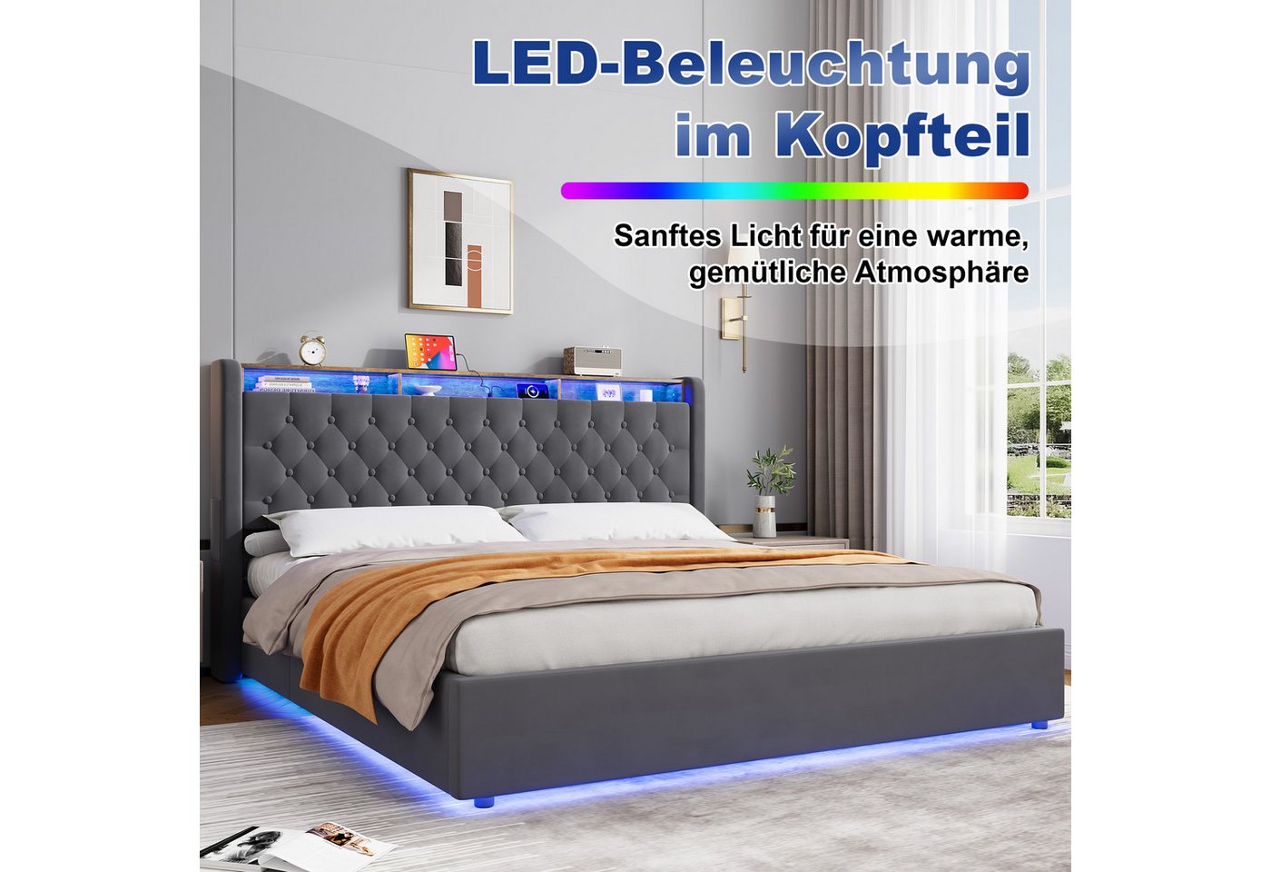MODFU Polsterbett Mit Stauraum,LED-Beleuchtung und USB-Anschlüssen (Funktionsbett, 1-tlg., Stabiler Metallrahmen, inkl. Lattenrost, ohne Matratze), 180x200 cm,  – Bild 3 von 5