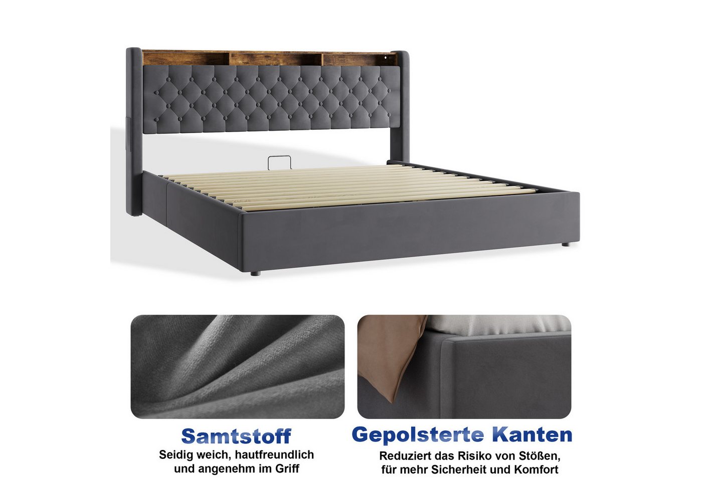 MODFU Polsterbett Mit Stauraum,LED-Beleuchtung und USB-Anschlüssen (Funktionsbett, 1-tlg., Stabiler Metallrahmen, inkl. Lattenrost, ohne Matratze), 180x200 cm,  – Bild 4 von 5