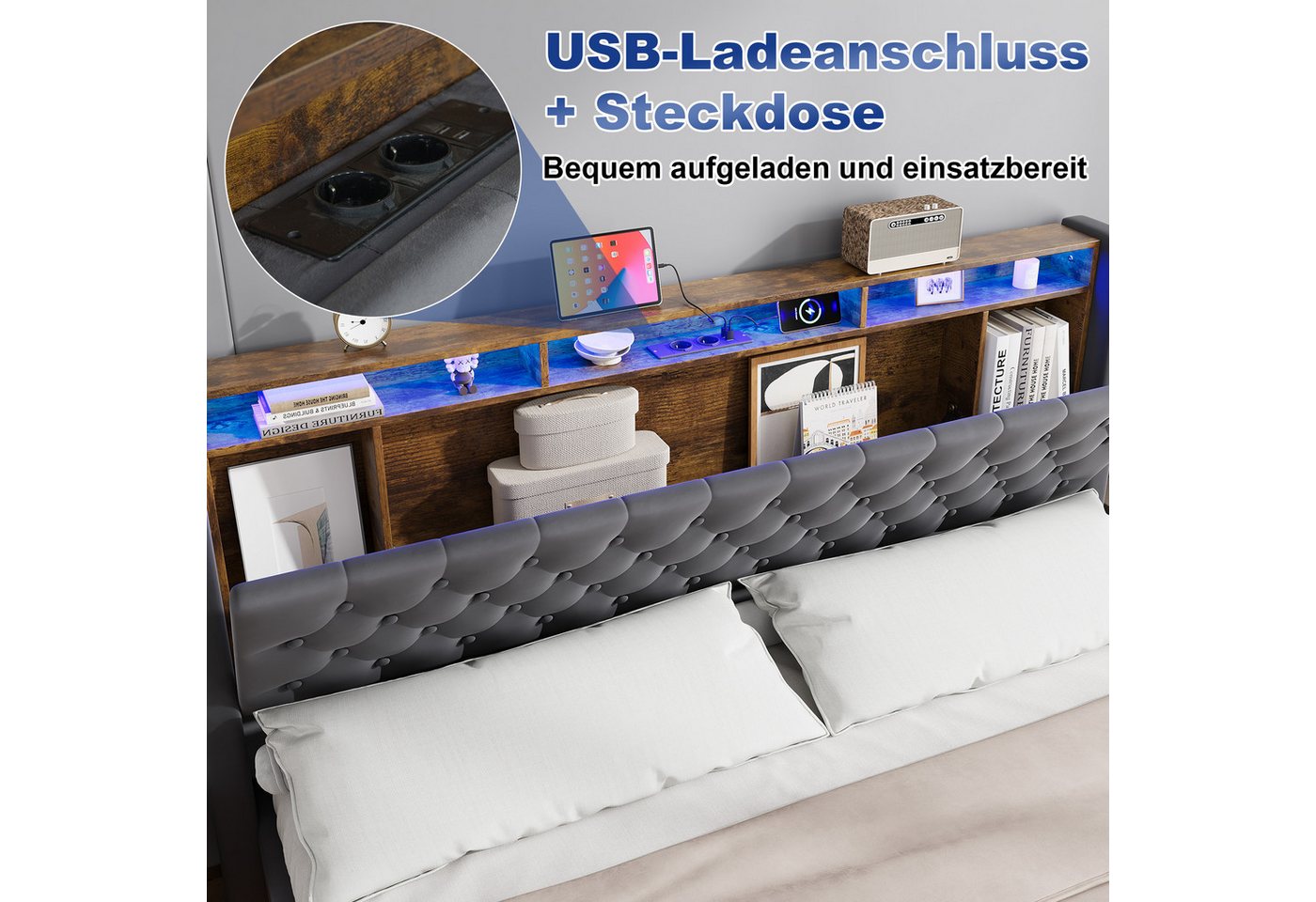 MODFU Polsterbett Mit Stauraum,LED-Beleuchtung und USB-Anschlüssen (Funktionsbett, 1-tlg., Stabiler Metallrahmen, inkl. Lattenrost, ohne Matratze), 180x200 cm,  – Bild 5 von 5