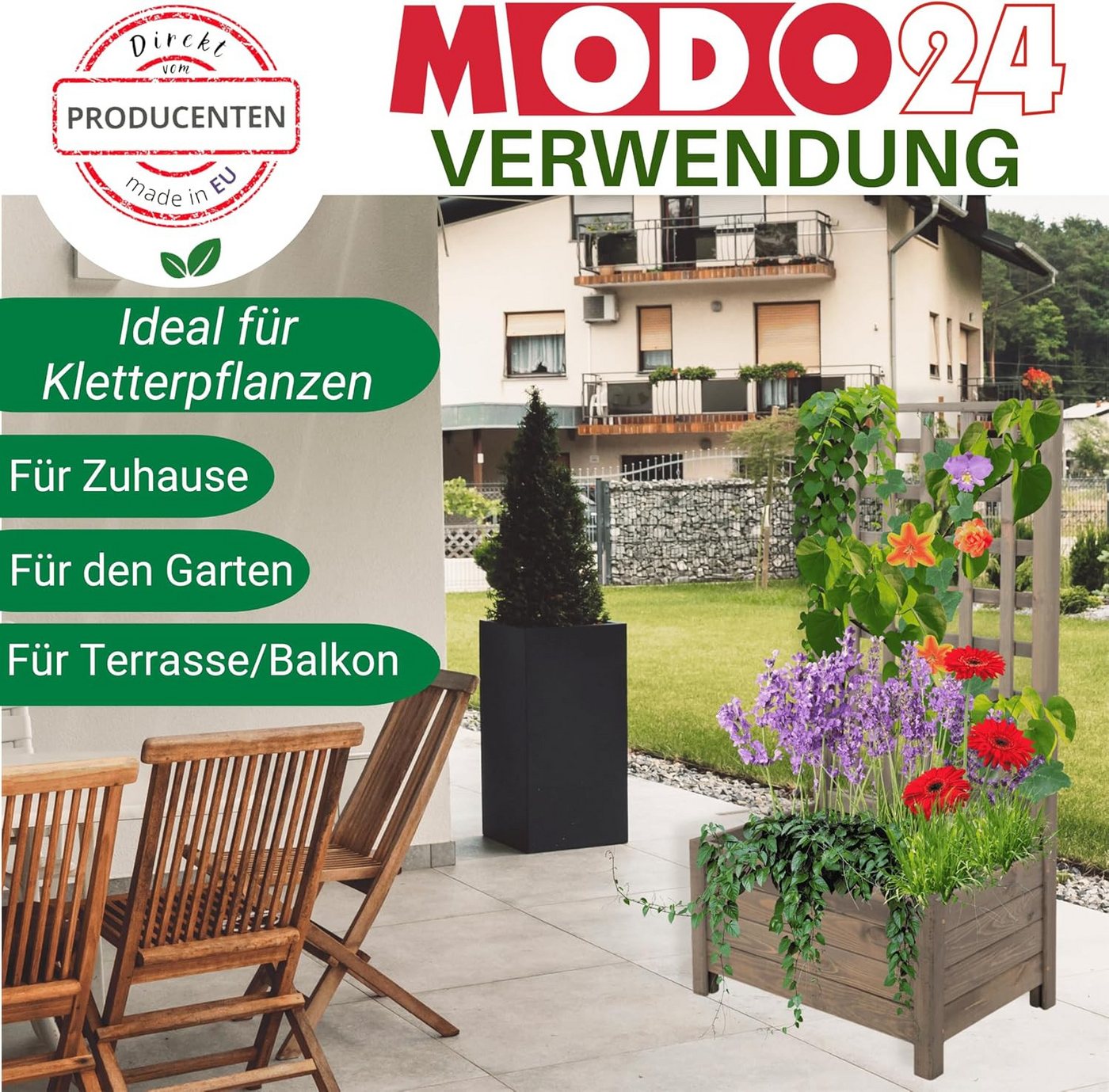 Modo24 Blumenkasten aus Holz, Pflanzkübel, Balkonkasten mit / ohne oder nur Rankgitter, Blumenkübel Holzkiste Garten Terrasse, Imprägniert Wetterfest Outdoor – Bild 4 von 5