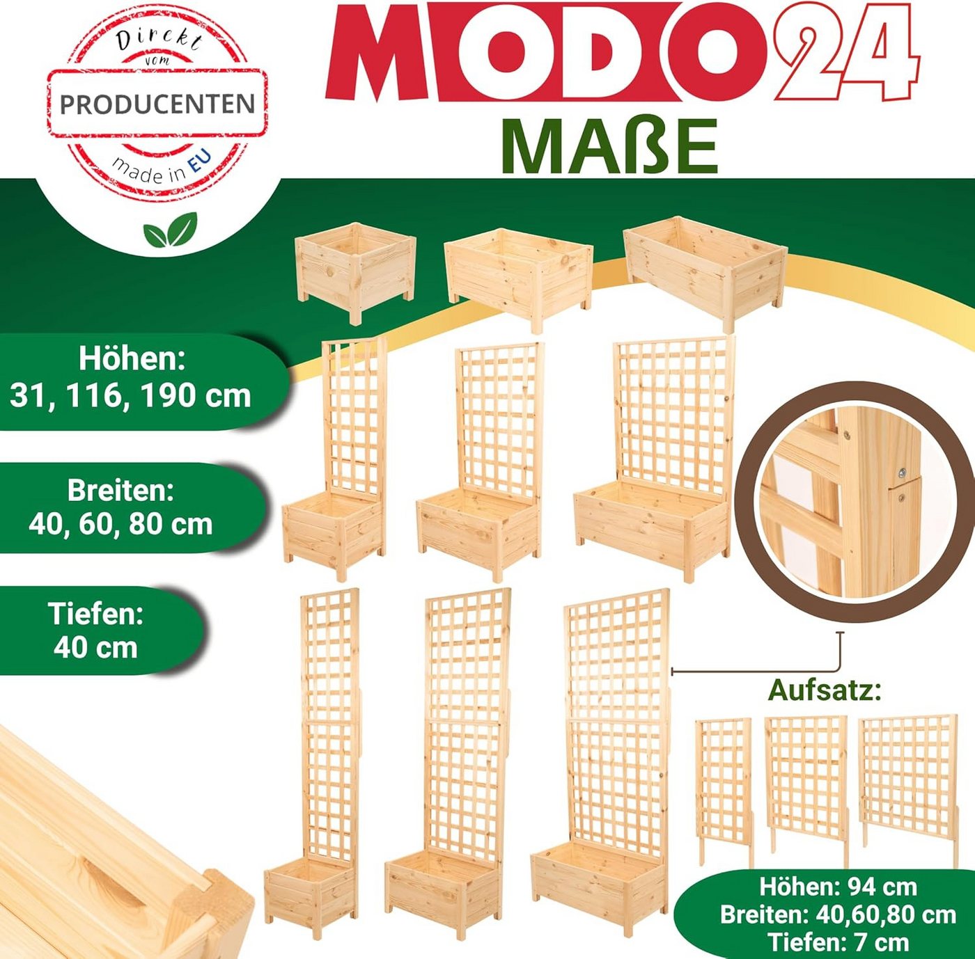 Modo24 Blumenkasten aus Holz, Pflanzkübel, Balkonkasten mit / ohne oder nur Rankgitter, Blumenkübel Holzkiste Garten Terrasse, Imprägniert Wetterfest Outdoor – Bild 5 von 5