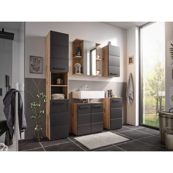 moebel-dich-auf Badezimmer-Set VALENCIA, (Hochschrank, Waschbeckenunterschrank, Spiegelschrank, Hängeschrank, Kommode, MDF-Fronten tiefgezogen, Korpus melaminbe